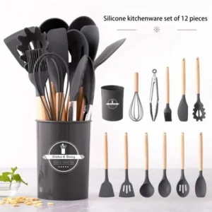 Complete 12 piece black silicone kitchen utensil set with wooden handles and storage container