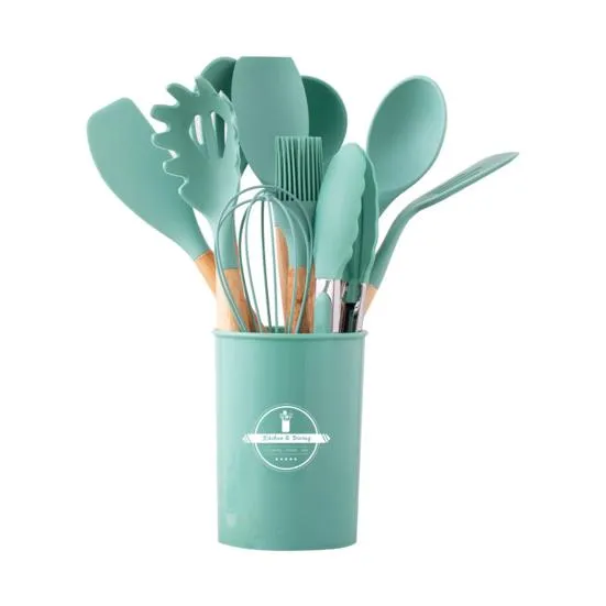 Green 12 Pcs Silicone Kitchen Utensils Set with wooden handles in utensil container