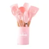 Pink 12 Pcs Silicone Cooking Utensils Set with wooden handles in matching pink utensil holder