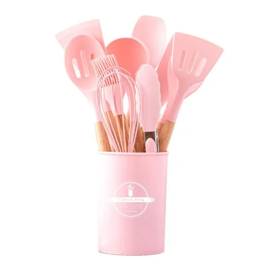 Pink 12 Pcs Silicone Cooking Utensils Set with wooden handles in matching pink utensil holder