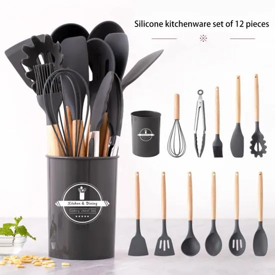 Complete 12 piece black silicone kitchen utensil set with wooden handles and storage container