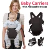 Baby carrier with adjustable straps worn by mom – front-facing infant carrier in black color