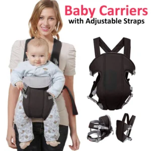Baby carrier with adjustable straps worn by mom – front-facing infant carrier in black color