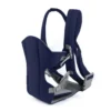 Side view of ergonomic navy blue baby carrier with padded shoulder straps and safety buckles