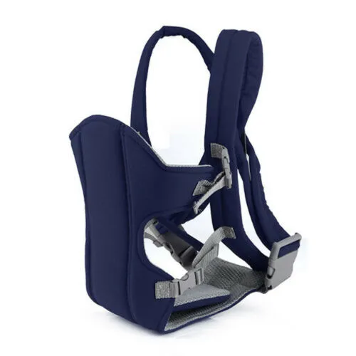 Side view of ergonomic navy blue baby carrier with padded shoulder straps and safety buckles