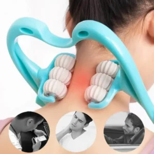 Pressure point neck massager in use targeting neck pain relief and muscle stiffness with rolling massage wheels