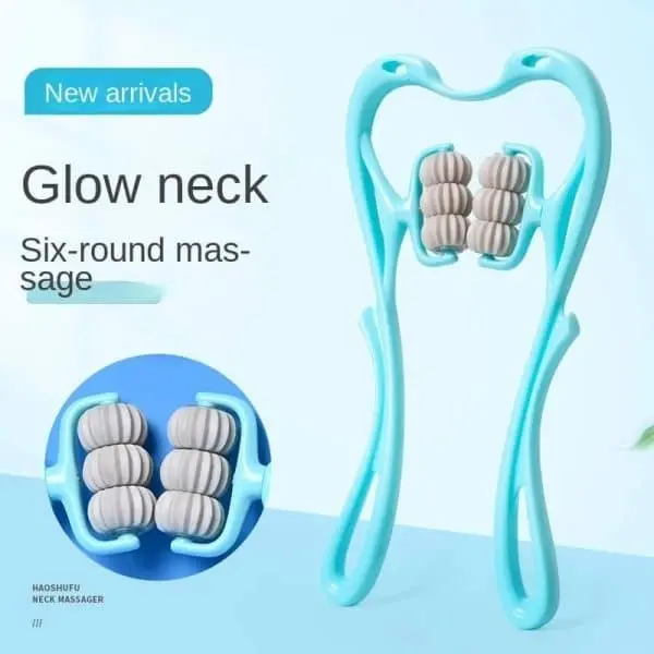 Six-wheel pressure point neck massager for pain relief and muscle relaxation with ergonomic design