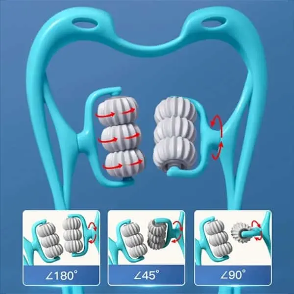Adjustable pressure point neck massager with six rolling wheels and flexible angle design for deep tissue massage