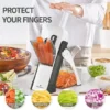 Safe vegetable slicer in use with multiple cutting styles including matchstick, julienne, dice, and slices
