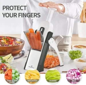 Safe vegetable slicer in use with multiple cutting styles including matchstick, julienne, dice, and slices