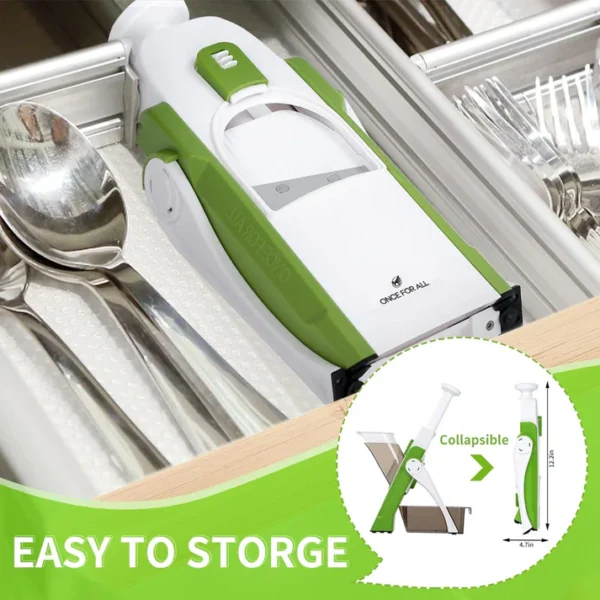 Compact collapsible vegetable slicer stored in kitchen drawer for easy storage
