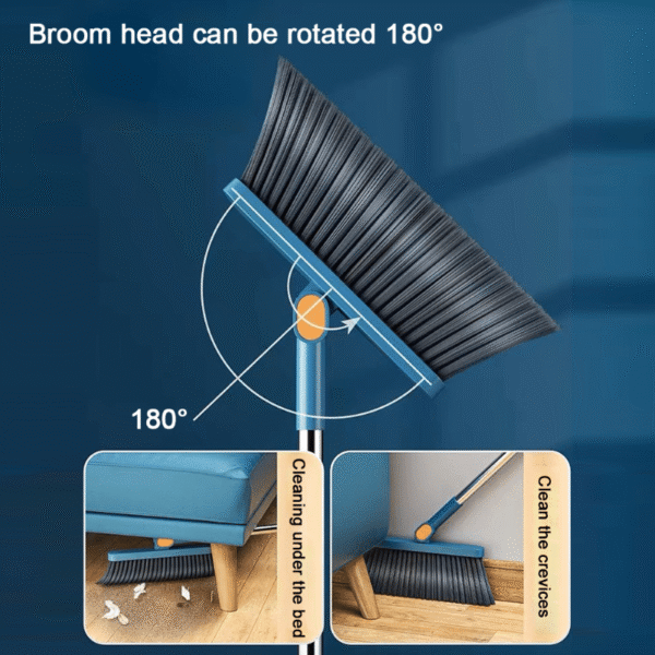180-degree rotating broom head for cleaning under furniture and in tight crevices