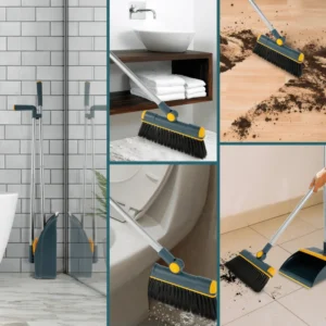 Multi-surface attachable broom and dustpan set used for cleaning floors, bathroom, and tight corners