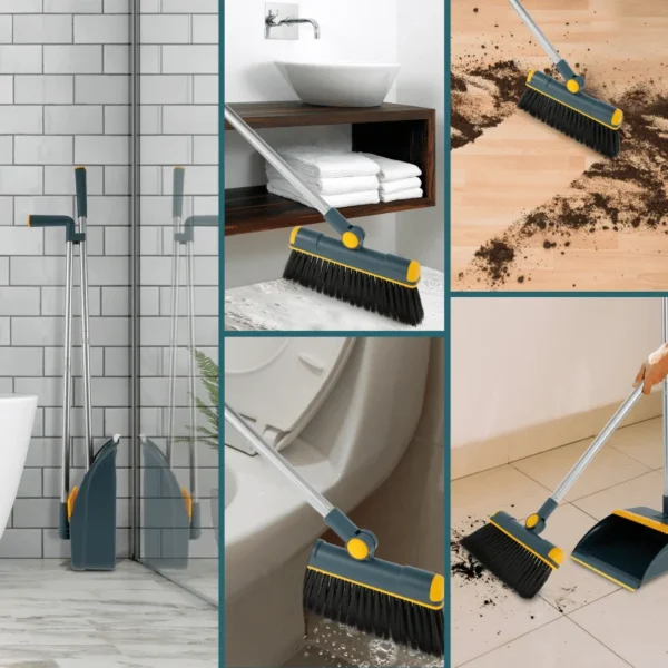 Multi-surface attachable broom and dustpan set used for cleaning floors, bathroom, and tight corners