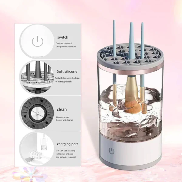 Electric makeup brush cleaner with one-touch switch, soft silicone holders, USB charging port, and deep cleaning functionality.