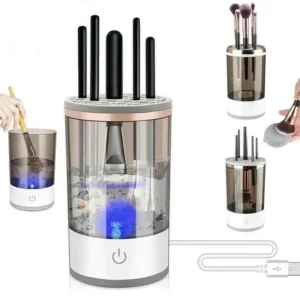 Automatic electric makeup brush cleaner demonstrating deep brush cleaning with USB-powered design and multiple brush holders.