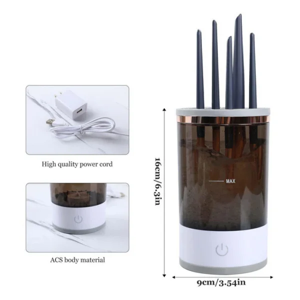 Compact electric makeup brush cleaner with 16cm height, USB charging cable, and durable ACS body material.