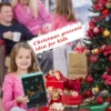 Girl holding 8.5 inch LCD writing pad as Christmas gift idea for kids near Christmas tree