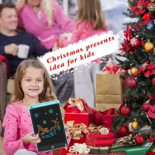 Girl holding 8.5 inch LCD writing pad as Christmas gift idea for kids near Christmas tree