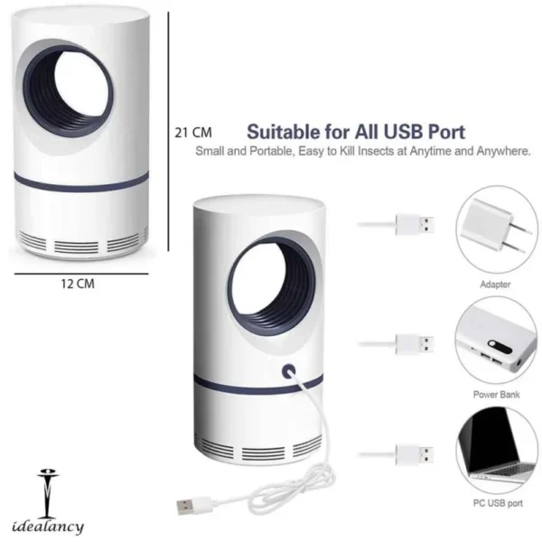 USB-powered mosquito killer lamp compatible with adapter, power bank, and laptop