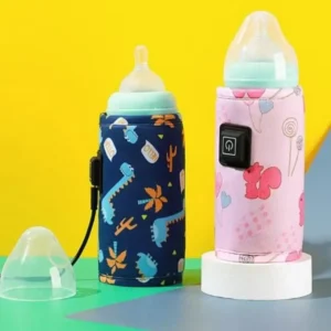Baby bottles with USB-powered warmers in cute animal prints for on-the-go feeding