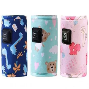 Portable USB baby bottle warmer with colorful cartoon designs – dinosaur, teddy bear, and squirrel prints