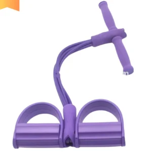 Purple rubber pull tummy trimmer with soft foam handles, resistance bands, and non-slip foot pedals for home workouts and core training
