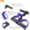 Rubber pull tummy trimmer with labeled features including soft foam handle, thickened elastic tubes, and high-density non-slip pedals for full body exercise