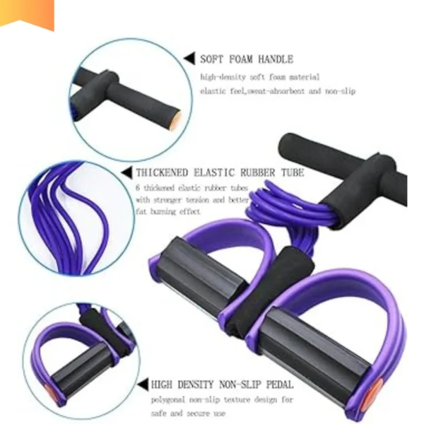 Rubber pull tummy trimmer with labeled features including soft foam handle, thickened elastic tubes, and high-density non-slip pedals for full body exercise