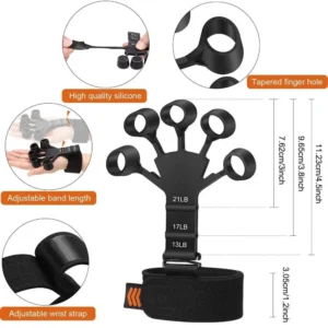 Silicone Gripster Hand Grip Trainer with tapered finger holes, high-quality silicone, adjustable wrist strap and size dimensions