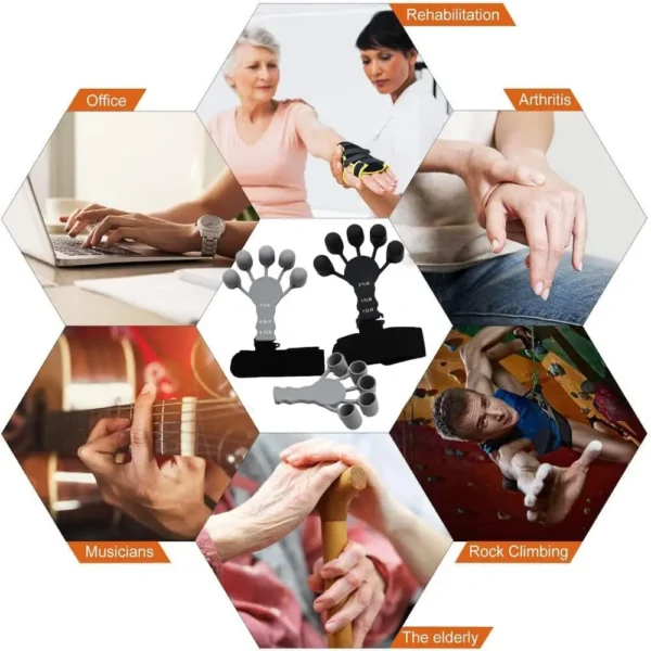 Silicone Gripster Hand Grip Trainer used for rehabilitation, arthritis relief, office stress relief, rock climbing, musicians, and elderly hand exercises