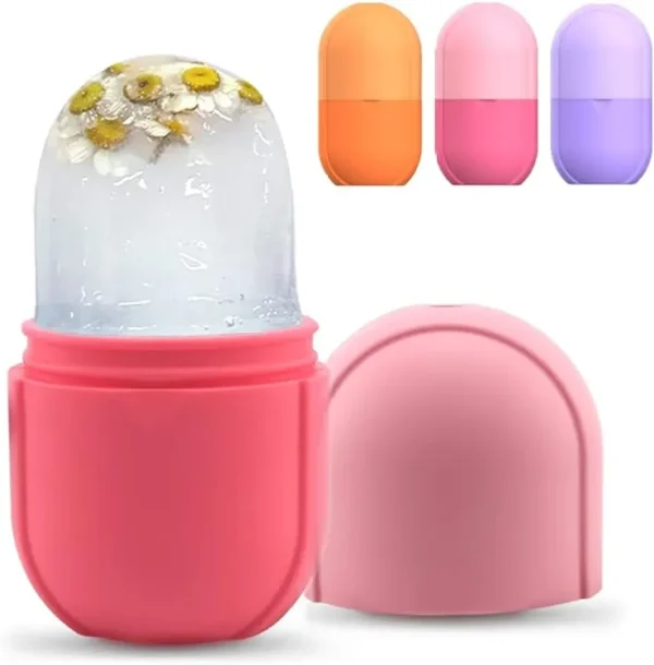 Pink silicone ice cube facial roller mold with chamomile flowers for skin care routine