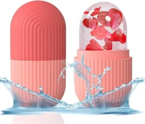 Reusable silicone ice roller with rose petals for soothing and refreshing facial treatment