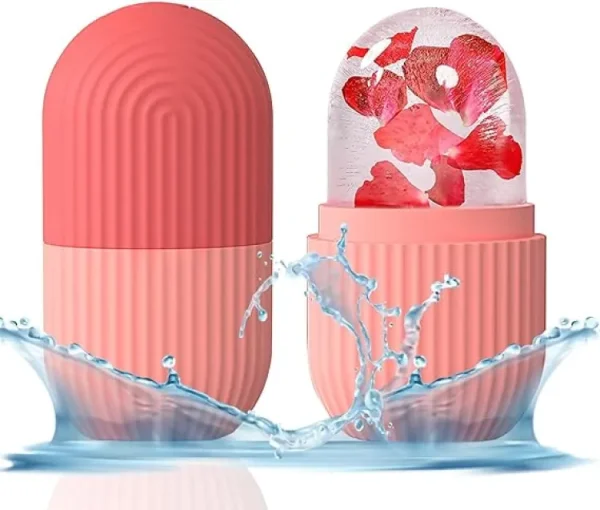 Reusable silicone ice roller with rose petals for soothing and refreshing facial treatment