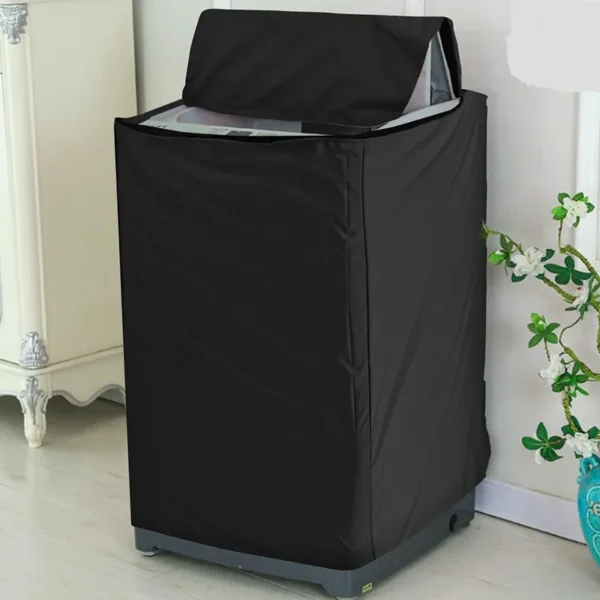 Elegant black washing machine cover for top load washer, waterproof and dustproof design for home use