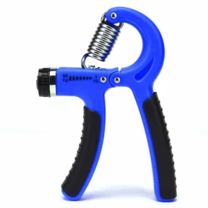 Adjustable hand grip strengthener in blue with 5-60 kg resistance dial, ergonomic rubber handles and heavy-duty spring