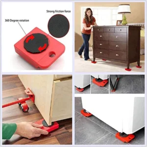 Multi-surface furniture moving tool with strong friction pads and wheeled sliders for transporting dressers, sofas, and appliances