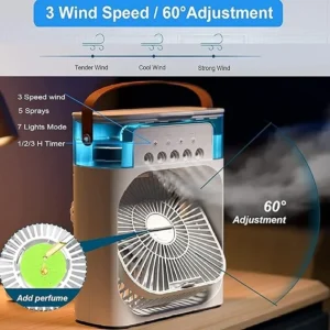 3-in-1 portable air conditioner fan with 3 wind speeds, 60° adjustable angle, LED lights, and perfume diffuser function – mini desktop cooling fan for home or office use