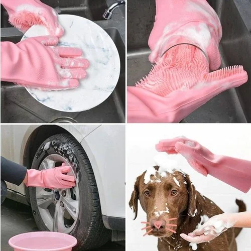Reusable silicone scrubber gloves for washing dishes, cleaning car wheels, and bathing pets