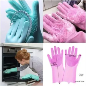Multifunction silicone cleaning gloves used for dishwashing, oven cleaning, and scrubbing with glove dimensions shown