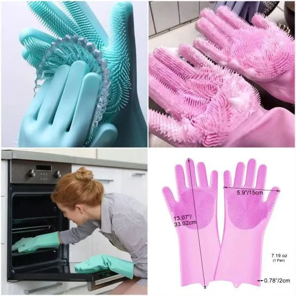 Multifunction silicone cleaning gloves used for dishwashing, oven cleaning, and scrubbing with glove dimensions shown
