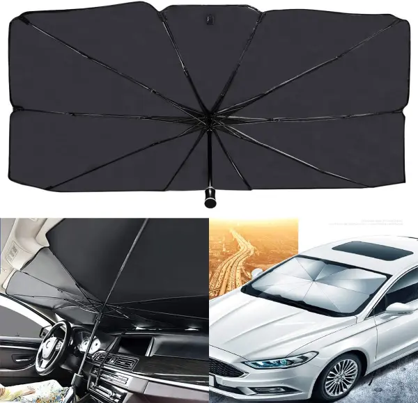 Car sunshade umbrella unfolded on windshield with outside and inside view for sun protection