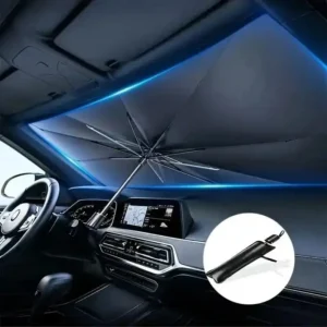 Foldable car sunshade umbrella installed on windshield to protect dashboard from sunlight and heat