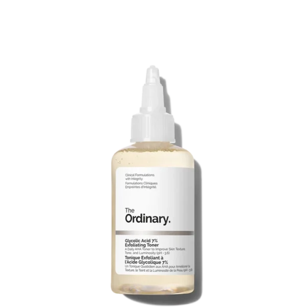 The Ordinary Glycolic Acid 7% Exfoliating Toner daily AHA solution to brighten skin and reduce dullness